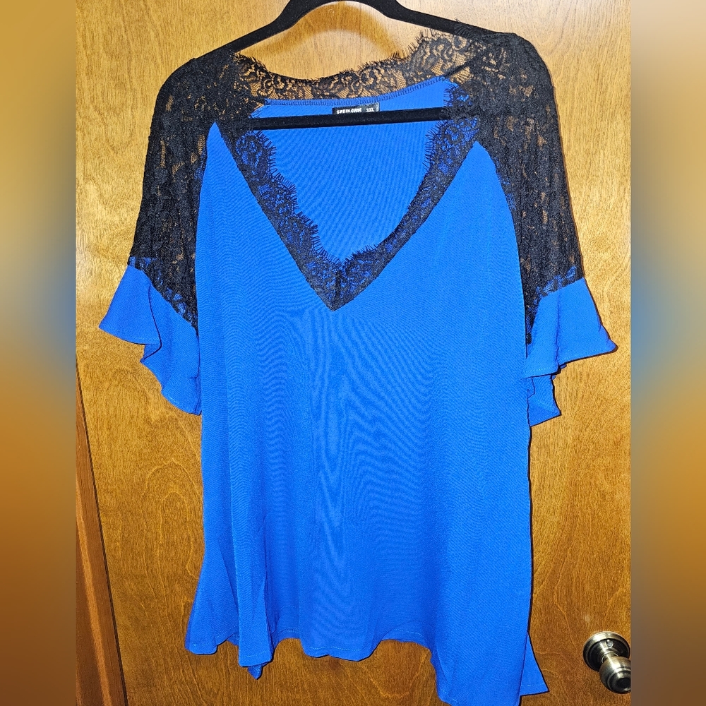 Blue with Black Lace Short Sleeve Blouse
